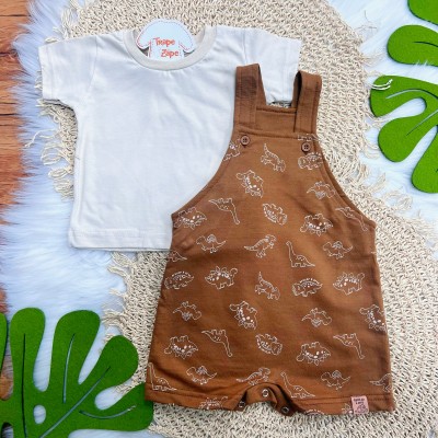 Conj. Camiseta e Jardineira em Moletinho Dinos - Areia e Marrom